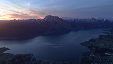 Gmunden-Austria-and-Traunsee-lake-during-sunrise-aerial-ffight