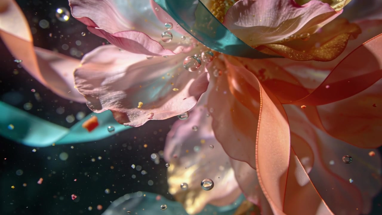 Telecamera che si abbassa rivelando un fiore con accenti dorati che galleggia in una vasca, con un nastro color verde acqua che si intreccia.