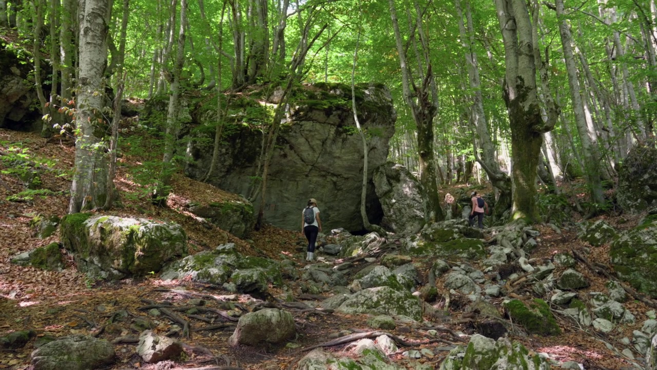 Dva turisté si razí cestu podél skalnaté lesní stezky obklopené vysokými stromy a jemným přirozeným světlem v údolí Valbona, Albánie.
