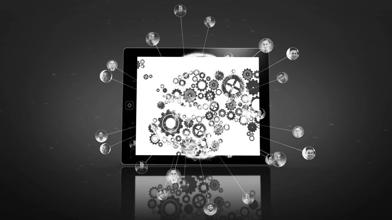 Gears and network connections animation over digital screen with profile icons