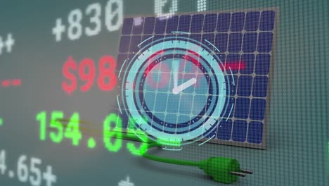 animation of digital clock over trading board and unplugged solar panel against white background