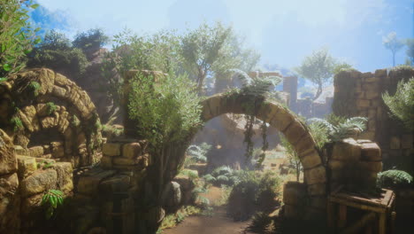 ancient stone ruins surrounded by lush greenery in soft morning light