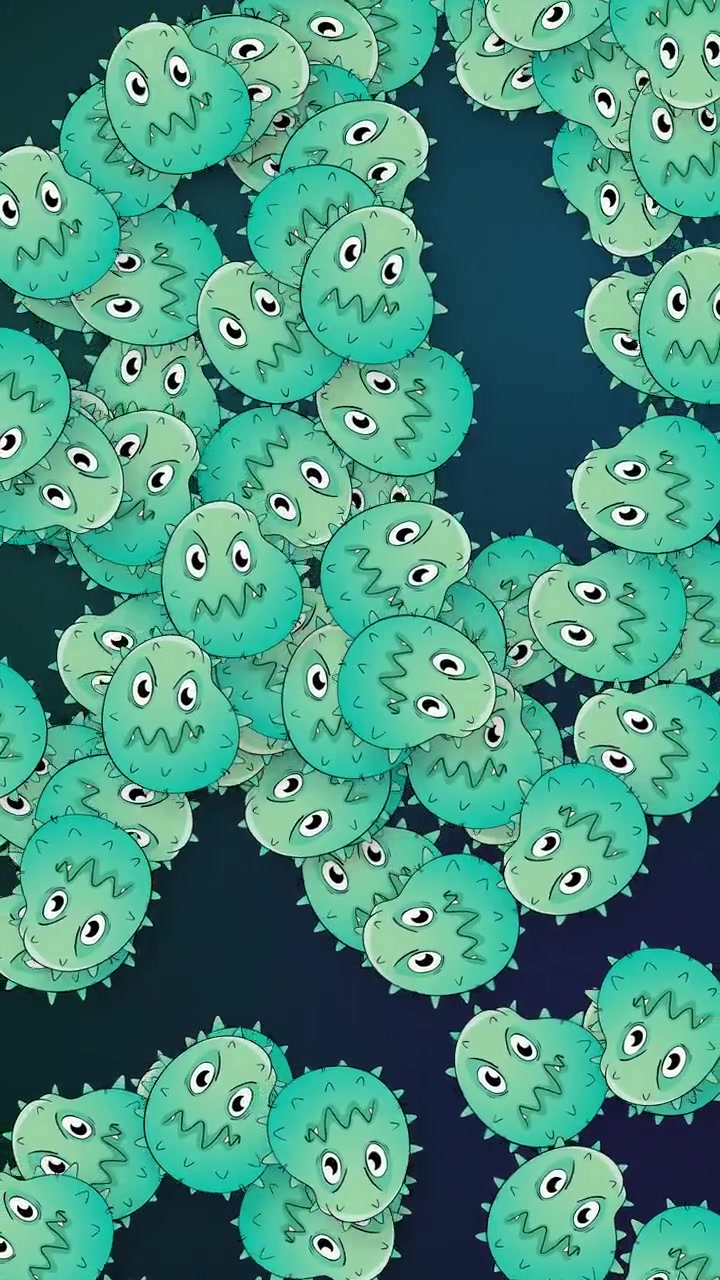 Green cartoon microbes fall continuously through a dark vertical frame with a mesh texture background.