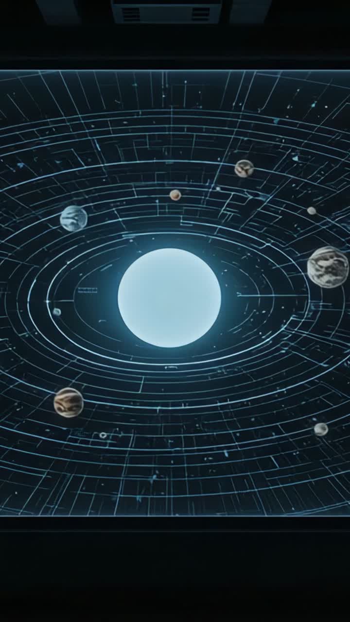 Vertical video: Powering hologram star at ship console, tracking planet models orbiting grid lines