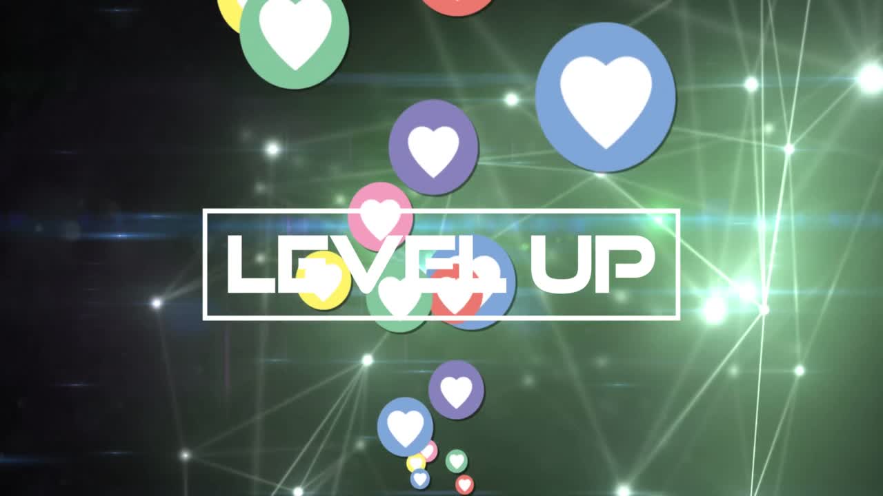 블랙 배경의 소셜 미디어 아이콘과 연결 네트워크에 대한 레벨 업 텍스트의 애니메이션