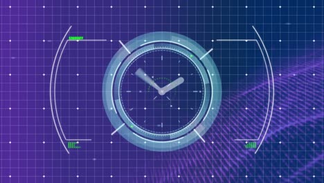 Animation-of-digital-clock-in-circles-over-grid-pattern-and-dynamic-waves-on-abstract-background