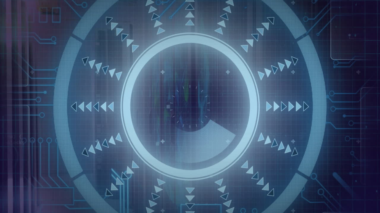 interfaz futurista con patrones circulares y flechas, animación de procesamiento de datos