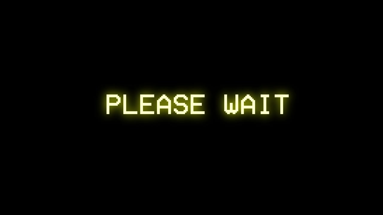 Pixelated Please Wait Message with Glitch Effect on Black Screen