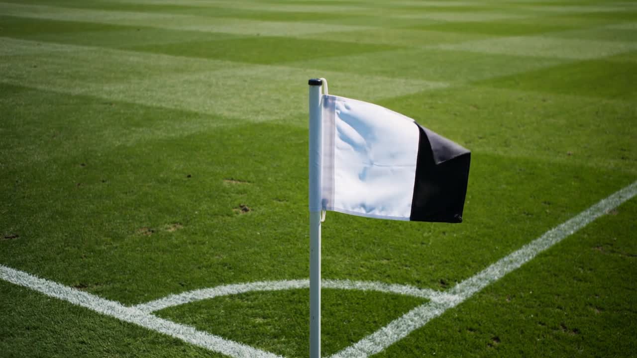 Vertical video: Fluttering corner flag being blown outward by breeze on pitch, showing black panel