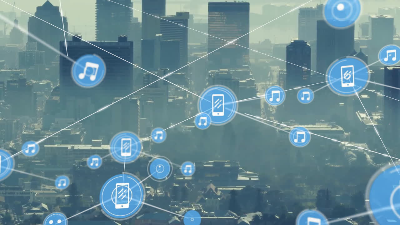 Animazione di una rete di connessioni con icone sul paesaggio cittadino