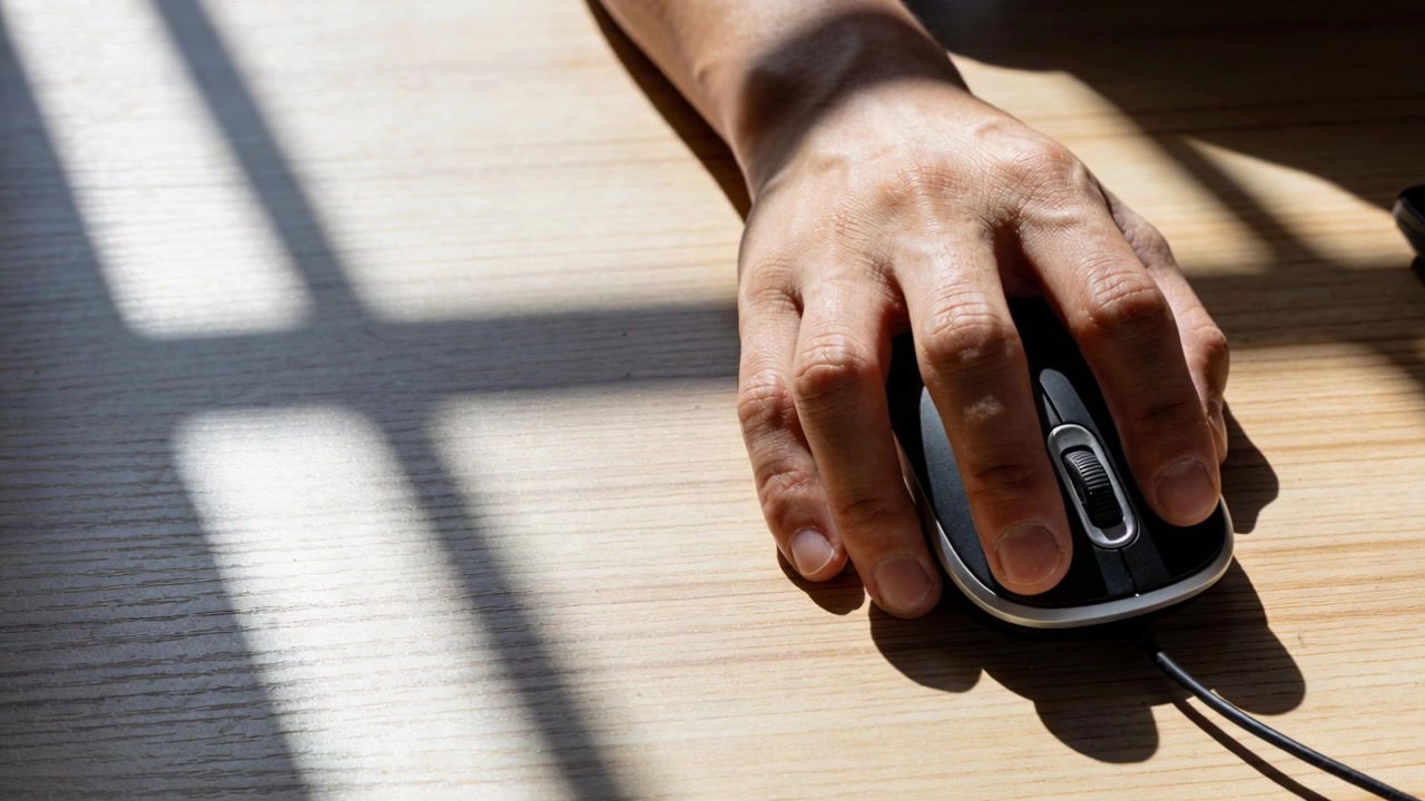Clicking right hand moving wired mouse after rest at wood desk, with window shadows, copy space