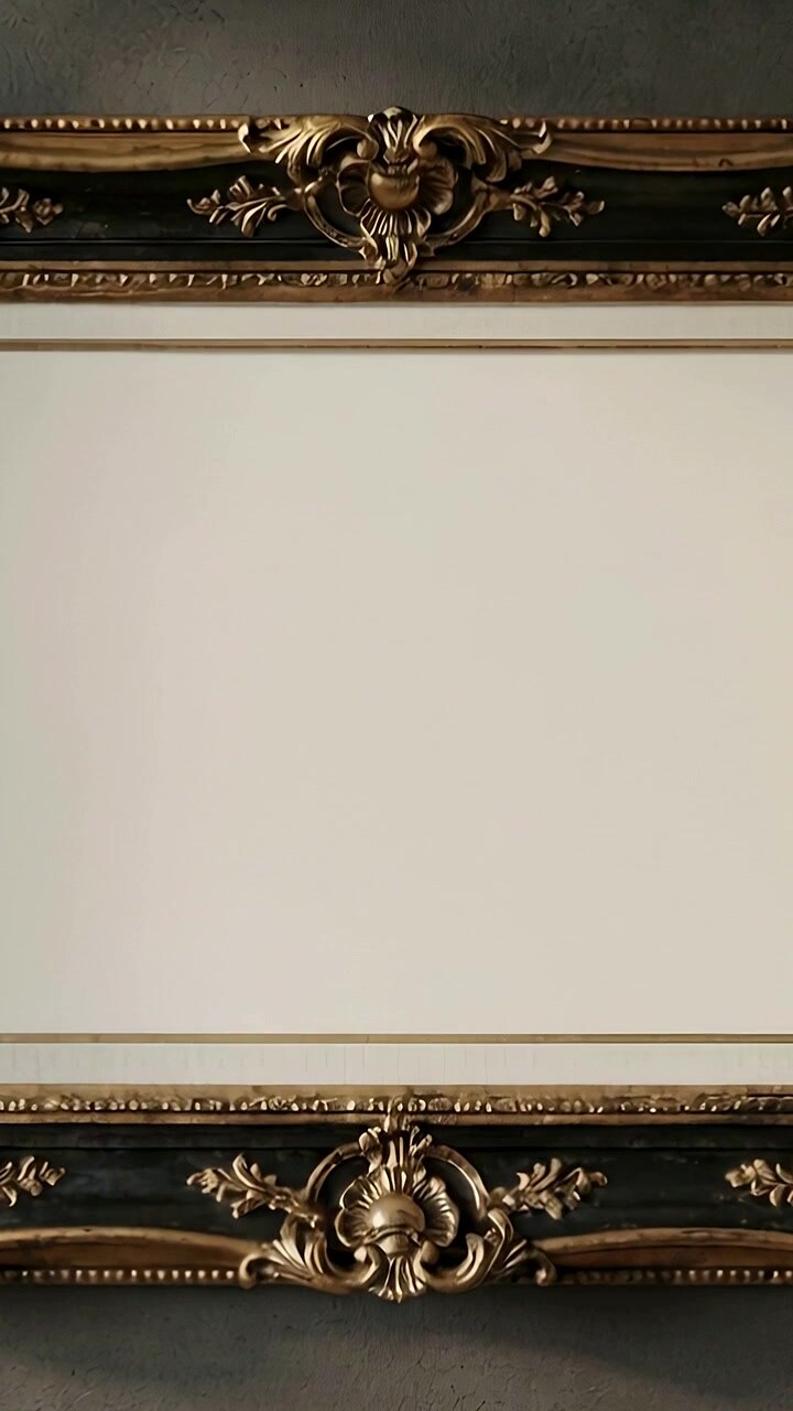 Vertical video: Moving camera showcasing ornate gold frame and blank canvas on grey wall