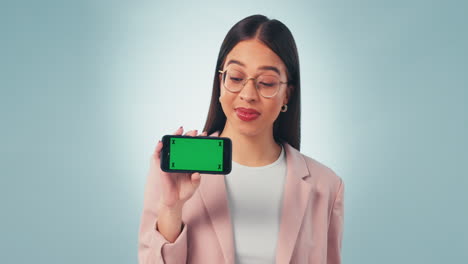 Green-screen,-phone-and-woman-face-with-hand