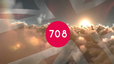 animation of counter numbers over clouds and flag of united kingdom