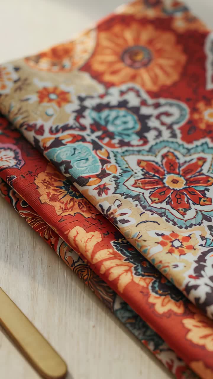 Vertical video: Shifting camera revealing folded fabrics on wood table, showing motif and gold trim