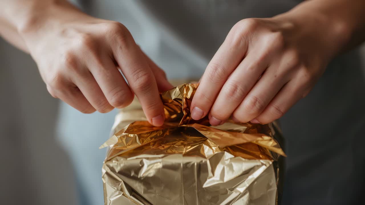 Pinching adult hands loosening and lifting gold foil, revealing box top on tabletop, apron visible