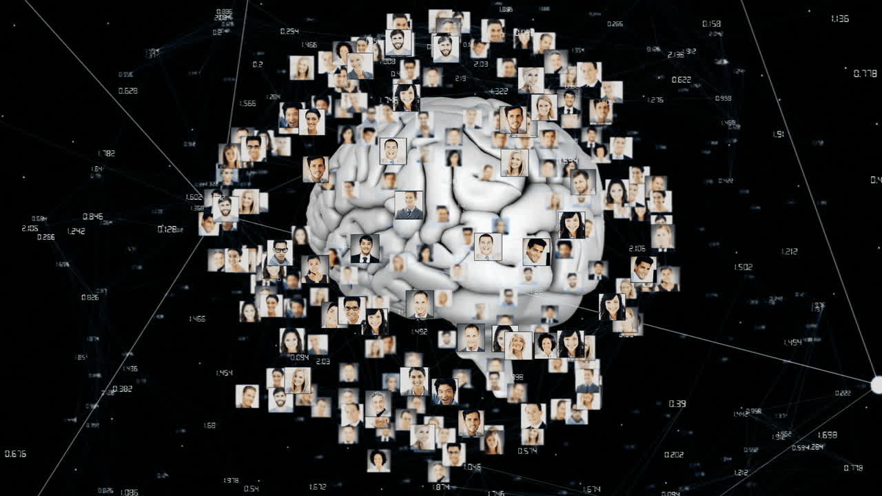 анимация мозга с сетями связей с фотографиями различных бизнесменов