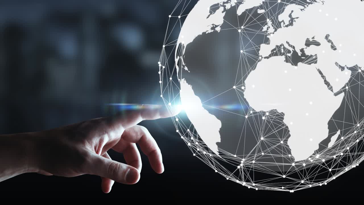 la globalización tecnológica de la tierra en animación 3d. puntos de negocios globales en un planeta giratorio.