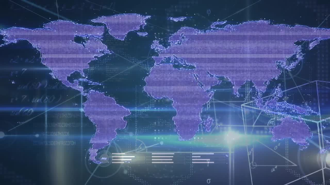 animación de la red de conexiones con mapa del mundo y procesamiento de datos en fondo negro.