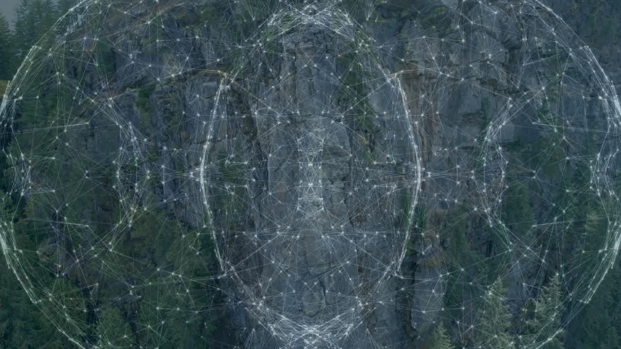 Network of connections and data processing animation over rocky cliff face