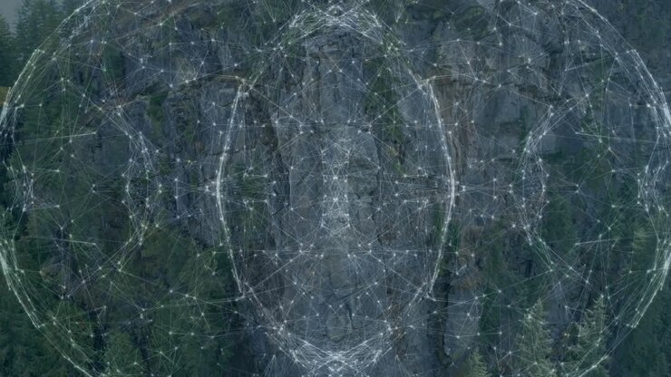 Network of connections and data processing animation over rocky cliff face