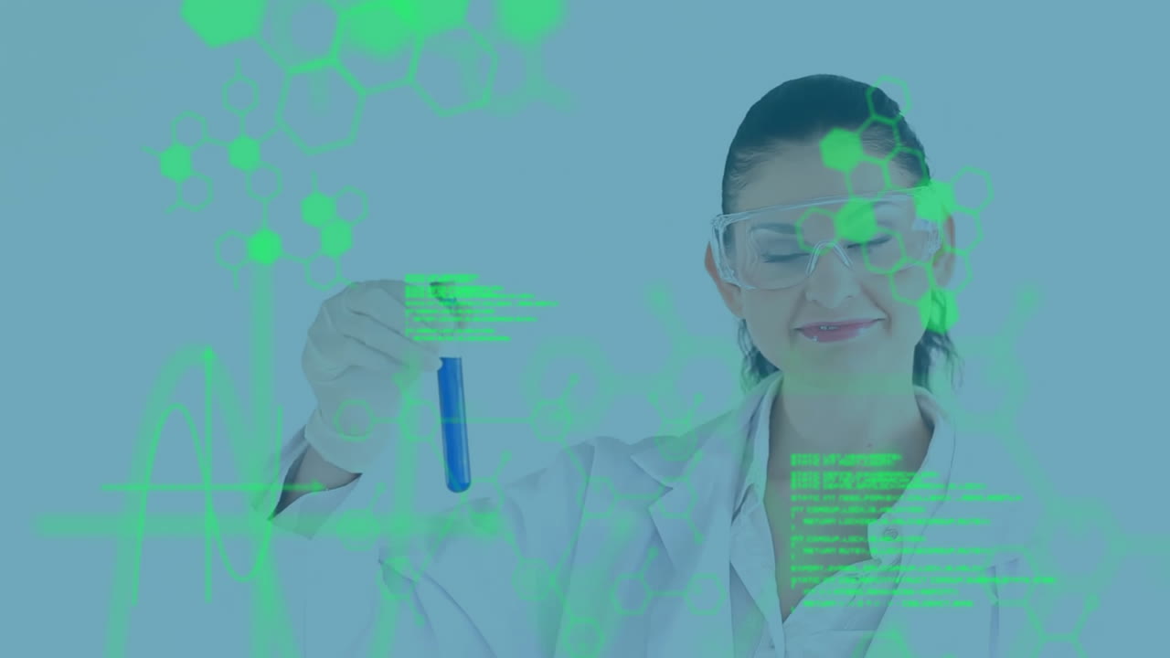 animación del procesamiento de datos científicos sobre una científica caucásica en el laboratorio