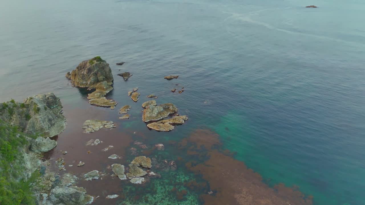 A top-down aerial view slowly tilts over the clear waters of the Uradome Coast, revealing a vibrant underwater ecosystem of rocks and colorful seaweed beds