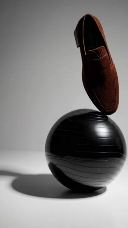 brown shoe balancing on a black exercise ball