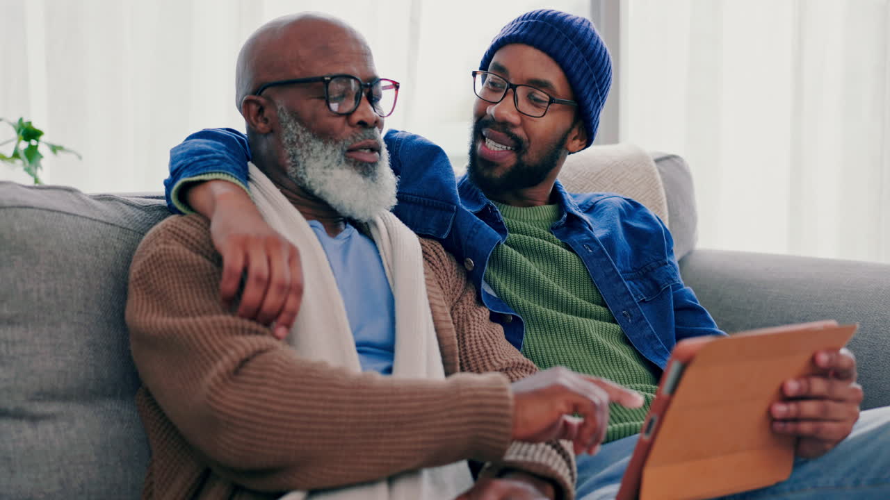 Senior father, black man and talking with tablet