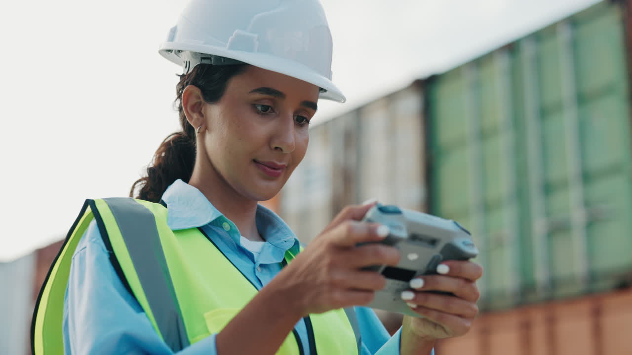 Engineer Using Drone Controller at Port