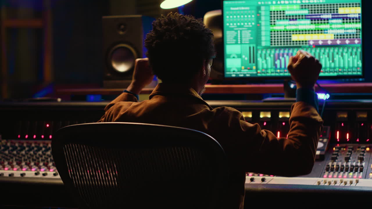 아프리카계 미국인 사운드 엔지니어가 자신의 녹음된 노래로 행복하다고 느다.