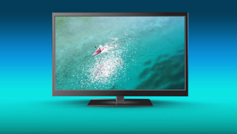 high definition flat screen television with a lake on its screen