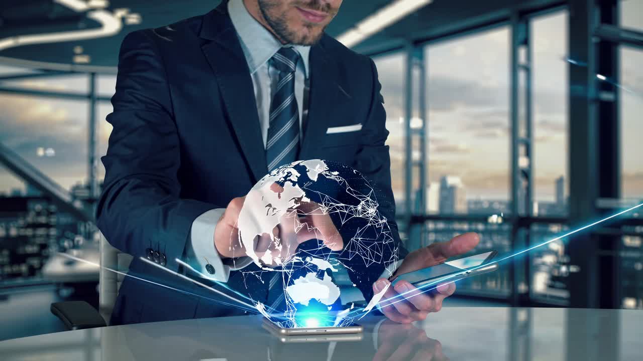 Businessman using a holographic world map on a smartphone in a modern office