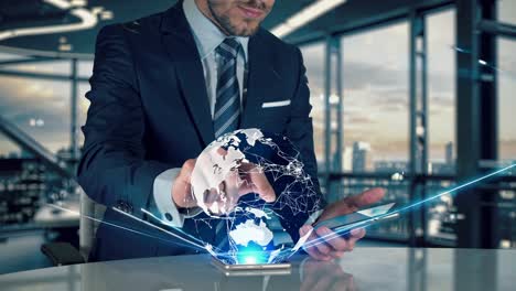businessman using a holographic world map on a smartphone in a modern office