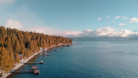 drone shot of a sunny morning on lake tahoe