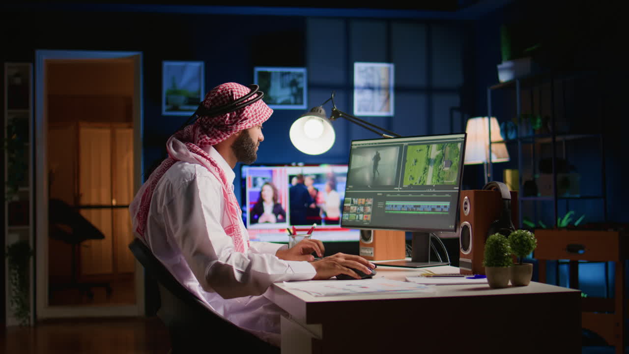 Worker wearing headphones while editing