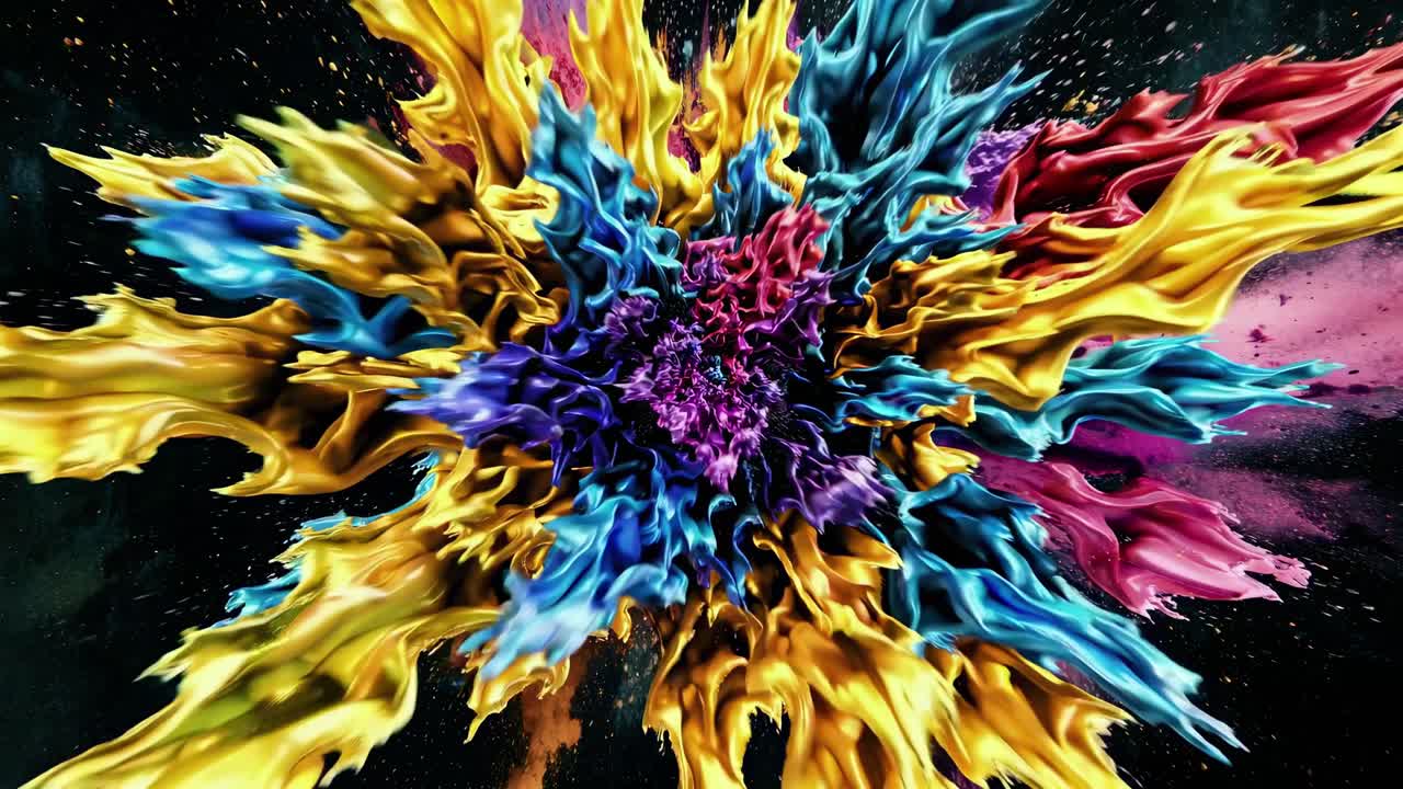 Dynamic explosion of colorful paint splashes captured in a high-angle shot, creating a vibrant