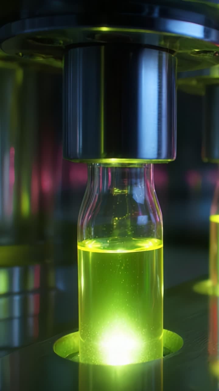 Brightly Lit Laboratory Bottles in High-Tech Environment Showcasing Striking Glow from Fluorescent Liquid Within, Perfect for Scientific Experimentation