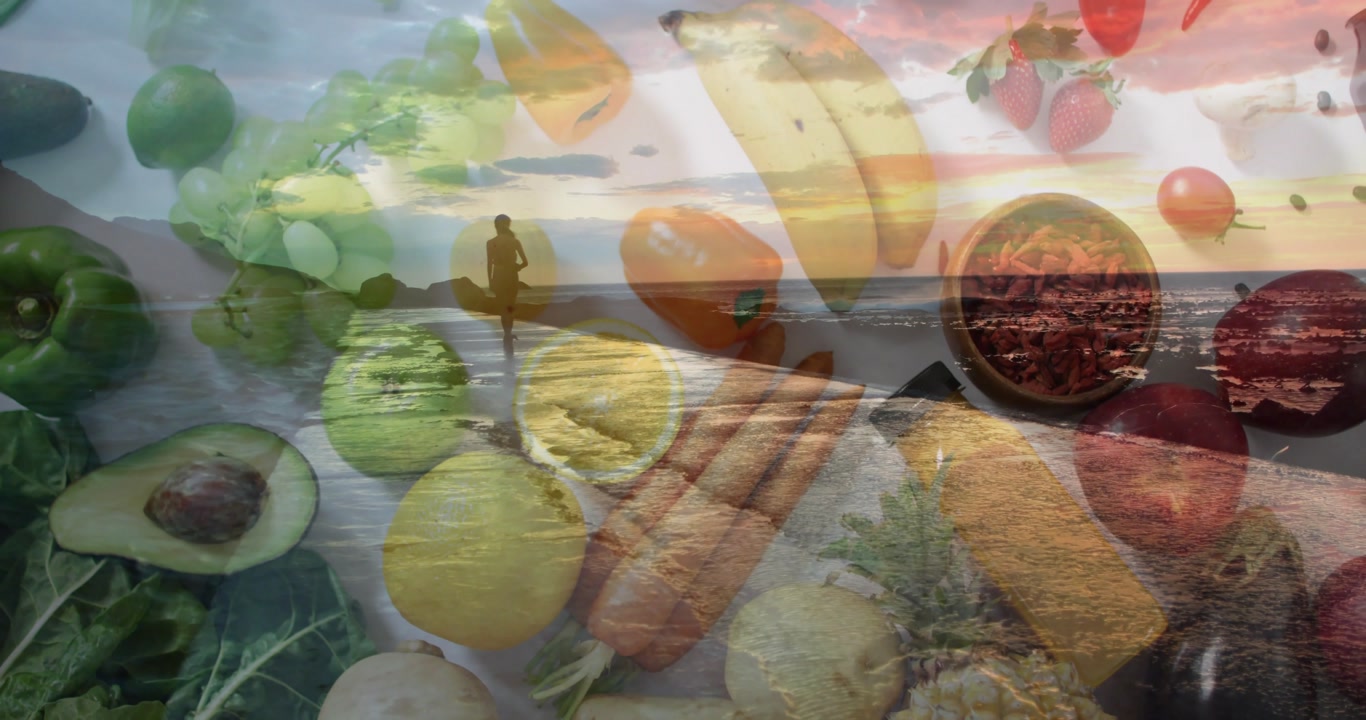 Female walking along beach with surfboard while clip playing, for food ads fruits showing through