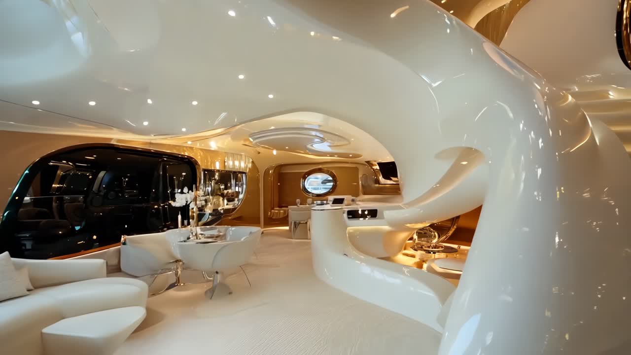 una sala de estar llena de muebles blancos y una escalera de espiral