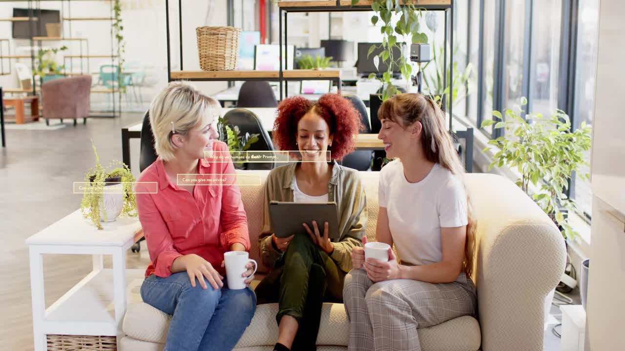 Center woman tapping tablet as team sipping mugs watching UI overlays highlighting business metrics
