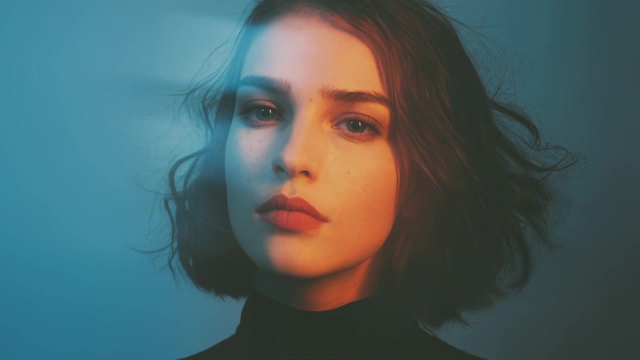 Ritratto di una giovane donna con effetto mosso e doppia illuminazione