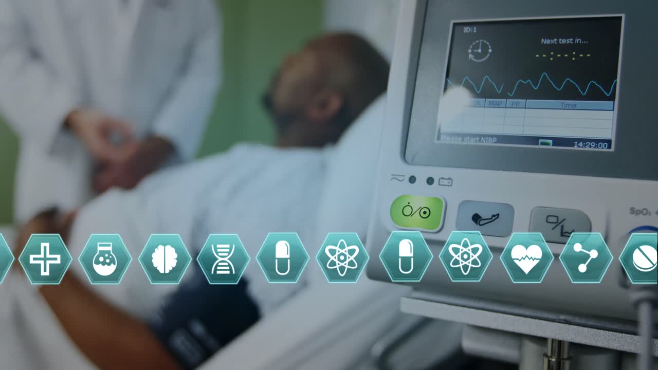 병원에서 다양한 의사와 환자를 가로지르는 다양한 아이콘의 애니메이션