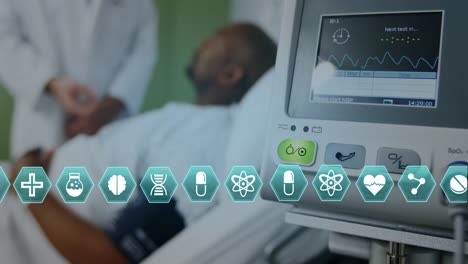 animación de diversos iconos que se mueven sobre diversos médicos y pacientes en el hospital