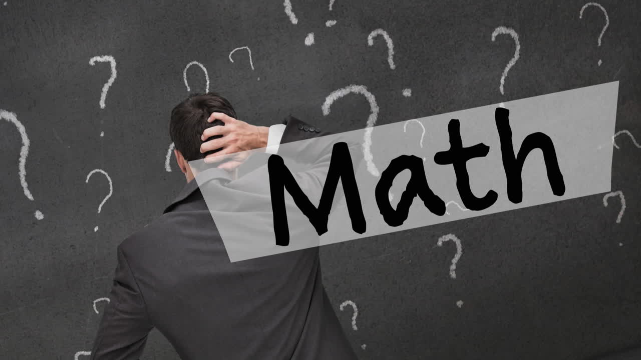 백인 사업가에 대한 수학 텍스트와 질문 점의 애니메이션