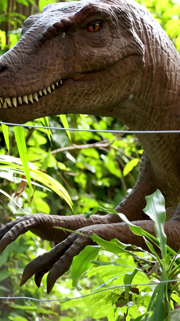Un animatronic realistico di velociraptor si muove attraverso una vegetazione lussureggiante dietro una recinzione di avvertimento ad alta tensione in un parco di dinosauri all'aperto, sotto la luce del giorno.