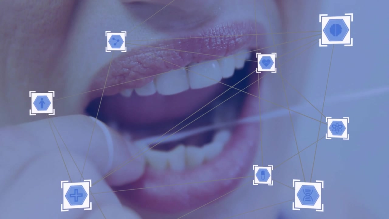 Close-up da boca com ícones dentários e conexões de rede, animação de saúde bucal.