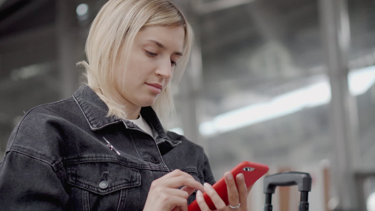 공항에서 전화를 사용하는 여성