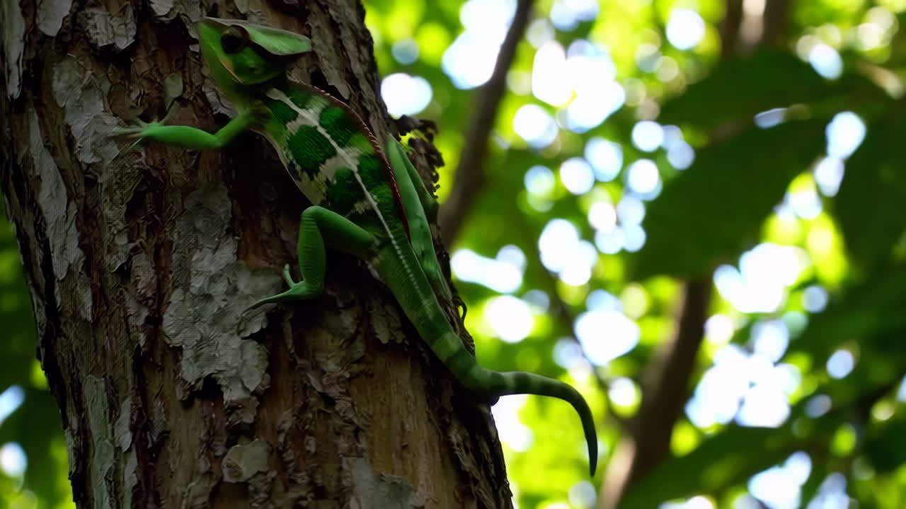 Green Lizard on Tree Trunk in Forest