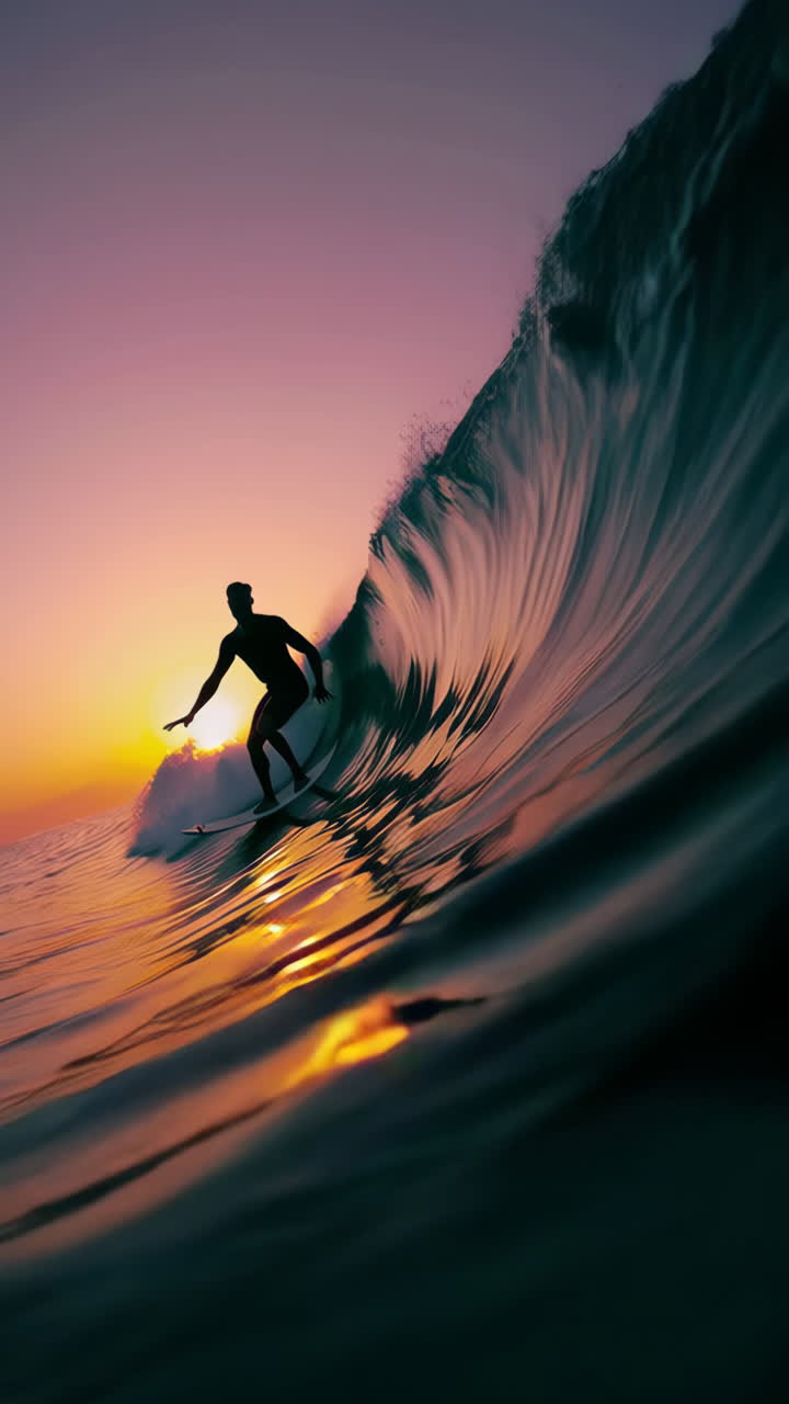 Surfista che cavalca un'onda al tramonto